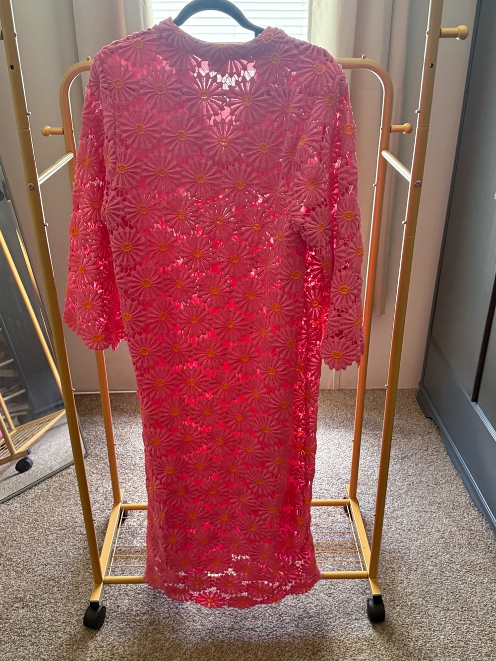 Pink Daisy Crochet Long Sleeve Midi Dress